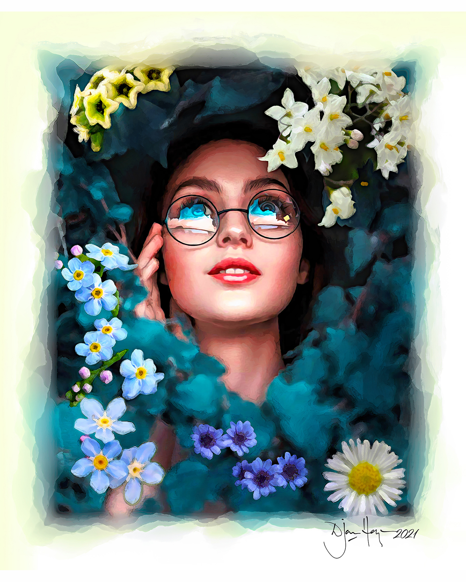 character-studies girl-with-glasses-among-the-flowers portrait