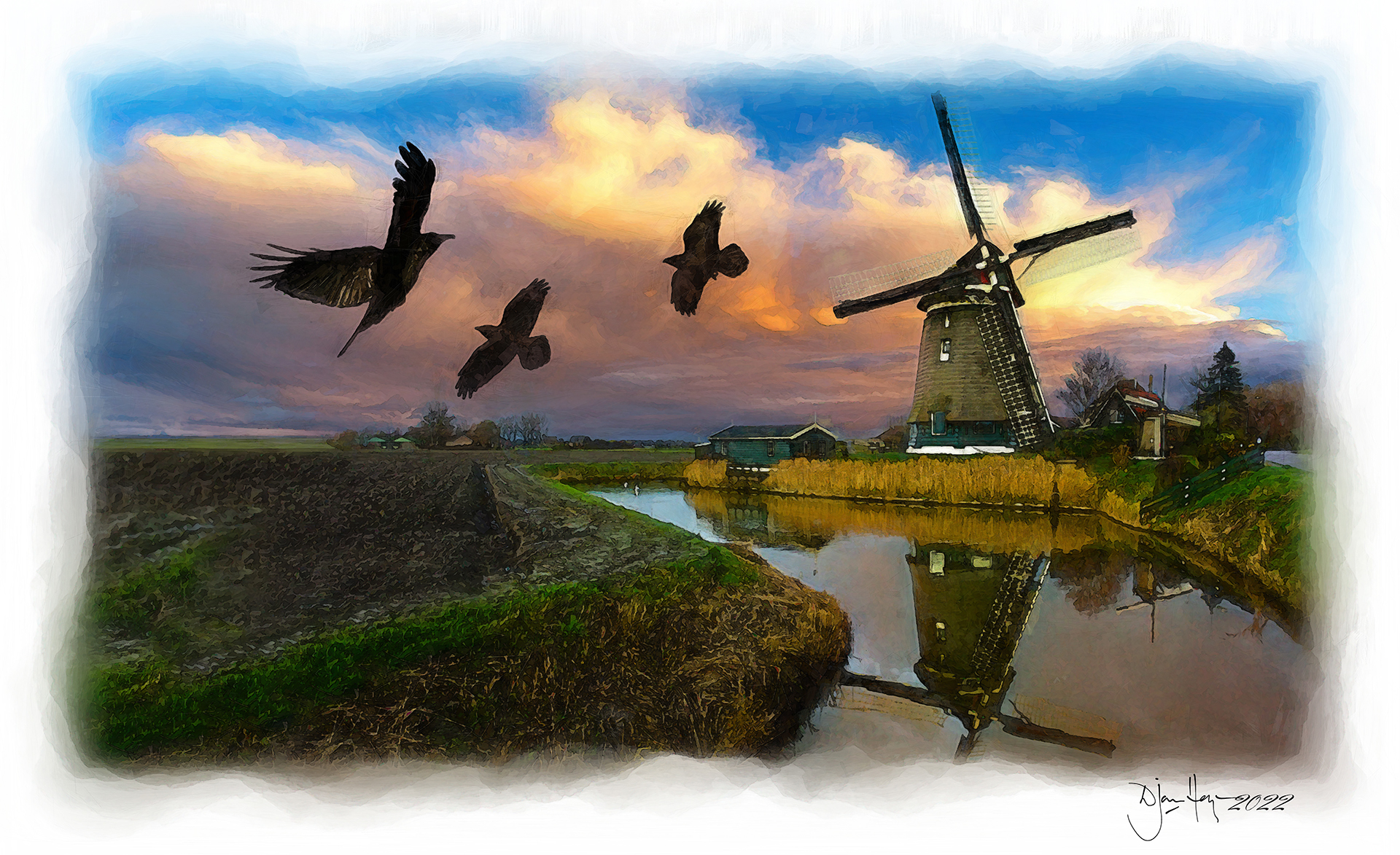 landmarks windmill-at-kinderdijk-with-crows windmill