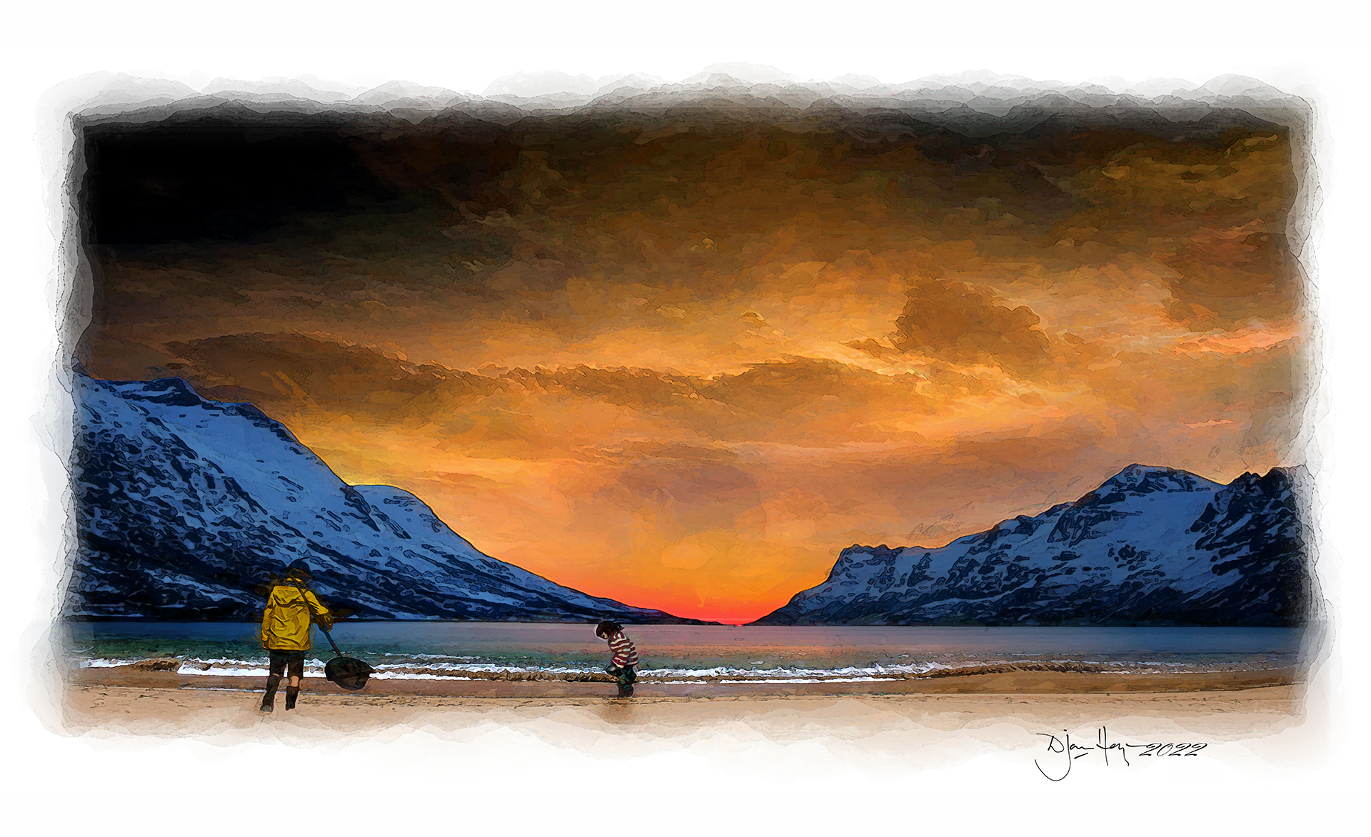 landscapes children-on-the-fjord-shoreline beach