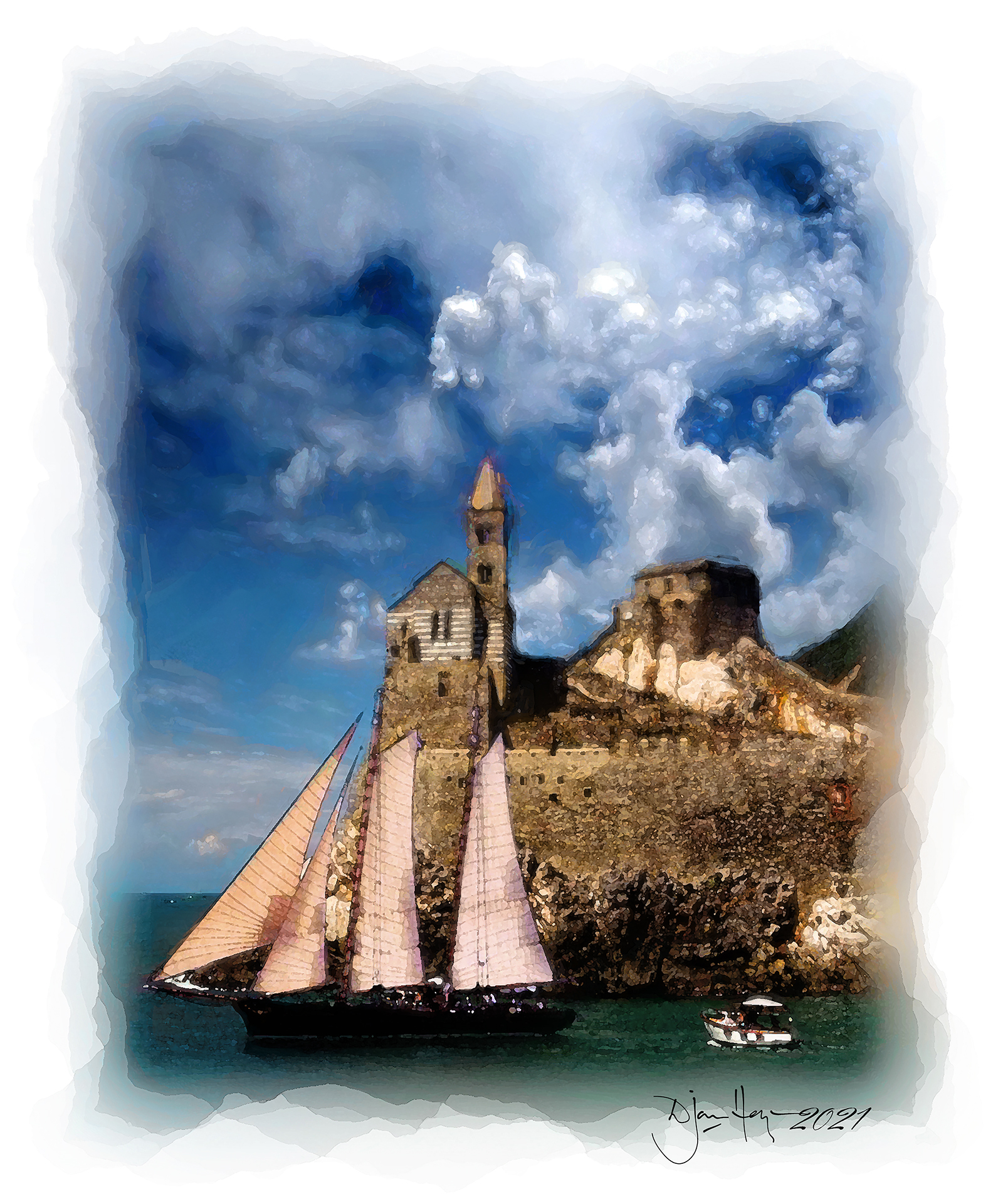 seascapes sailing-under-the-clifftop-church-of-san-pietro sailing-craft